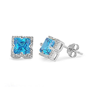 Halo Stud Earrings Princess Cut Simulated Blue Topaz CZ 925 Sterling Silver